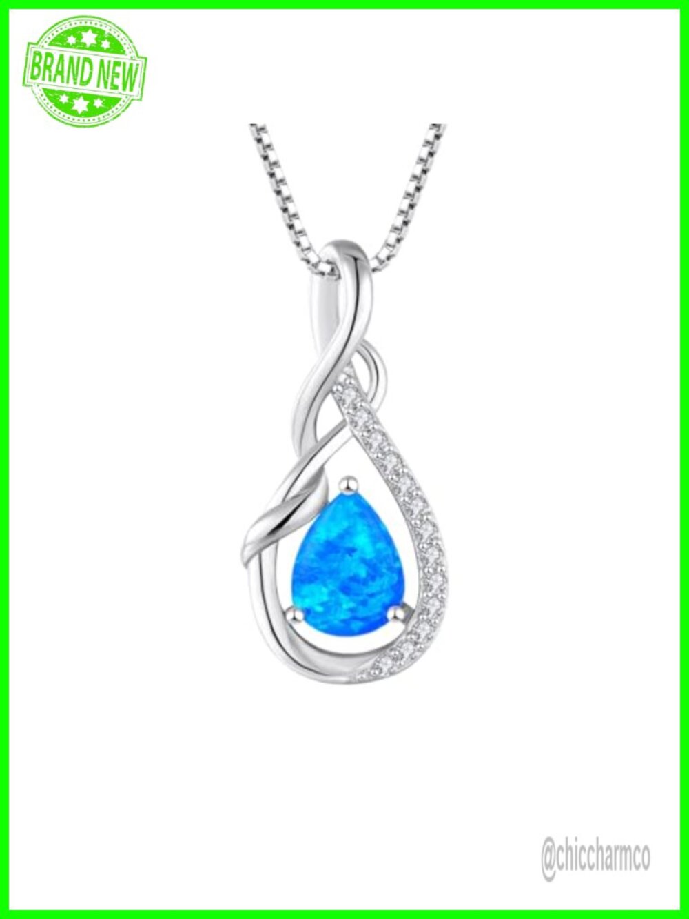925 Sterling Silver Infinity Teardrop Pendant Necklace with Created Blue Opal